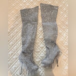Silver Glitter Thigh-High Platform Boots - Women's Sparkle Heels
